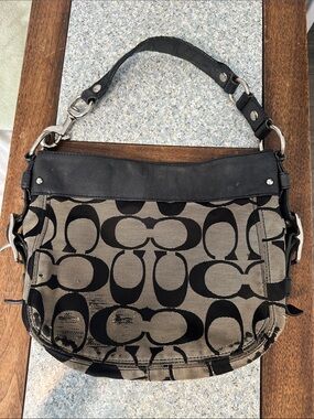 Coach Black and Tan Signature Canvas Shoulder Bag with Silver Hardware